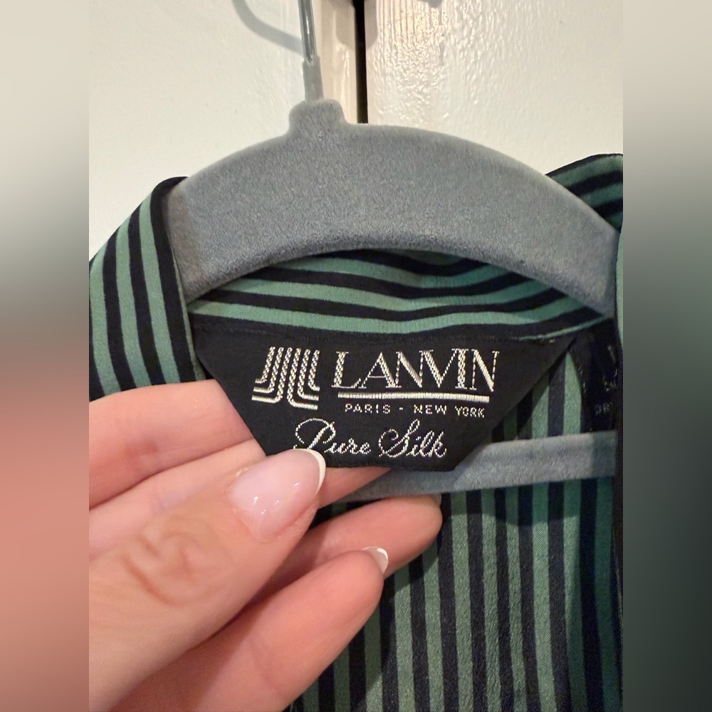 LANVIN Vintage Silk Dark Green Striped Long Sleeve Button Front Dress Size 10 - Picture 7 of 15